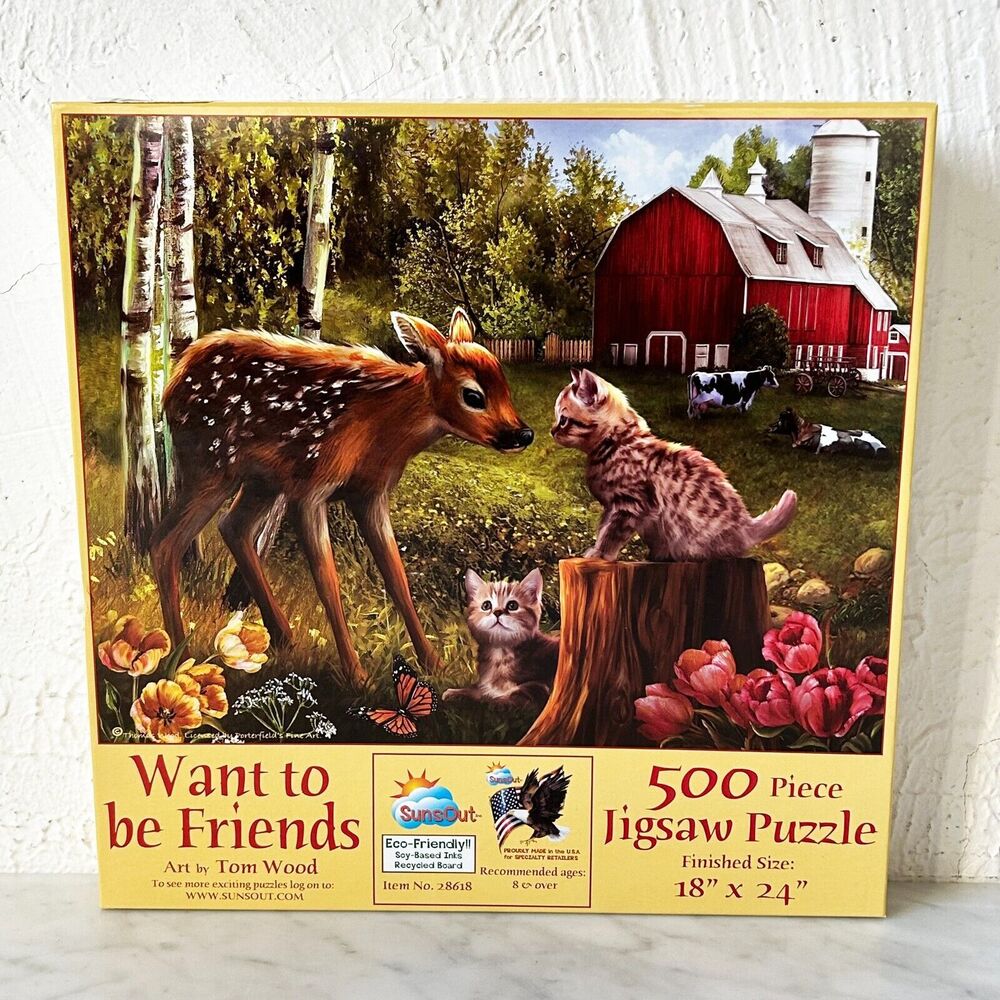Want To Be Friends Deer Fawn Kittena SunsOut Puzzle - 500 Pieces Complete
